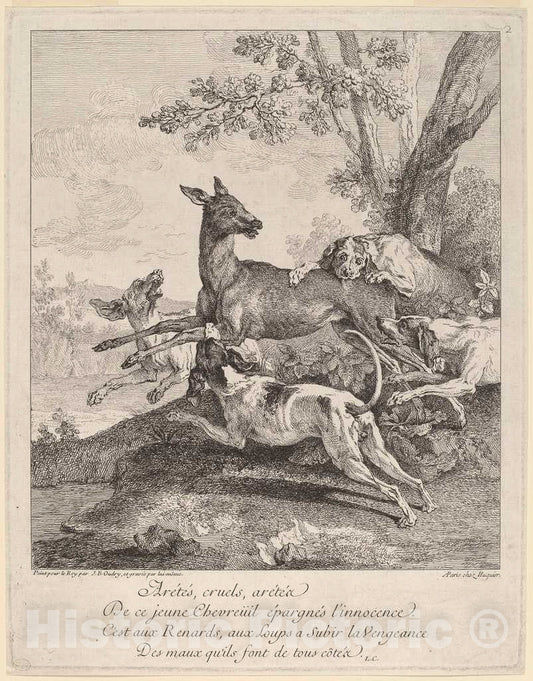 Art Print : Baptiste Oudry, A Deer Attacked by Dogs, 1725 - Vintage Wall Art