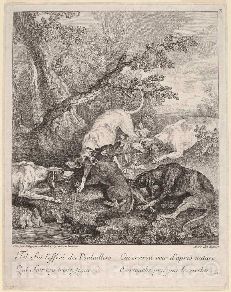 Art Print : Baptiste Oudry, A Fox Attacked by Dogs, 1725 - Vintage Wall Art