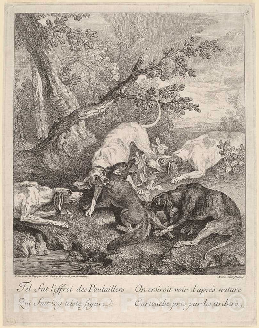 Art Print : Baptiste Oudry, A Fox Attacked by Dogs, 1725 - Vintage Wall Art