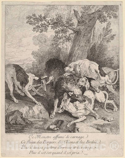 Art Print : Baptiste Oudry, A Wolf Attacked by Dogs, 1725 - Vintage Wall Art