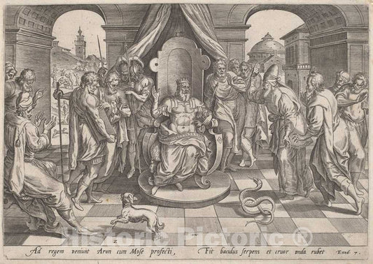 Art Print : Johan Wierix, After Maarten Van Cleef, Moses and Aaron Before The Pharaoh, c.1585 - Vintage Wall Art