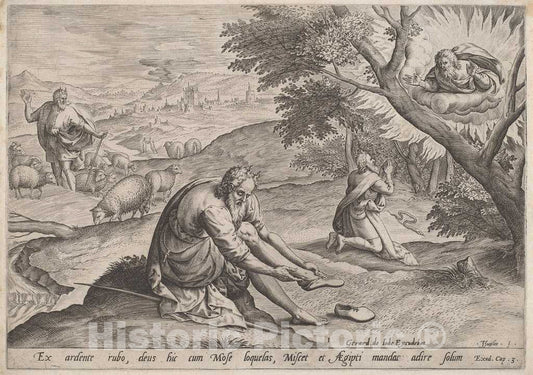 Art Print : Jan Sadeler I, After Maarten Van Cleef, God Appearing to Moses, 1585 - Vintage Wall Art