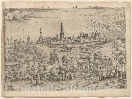 Art Print : View Across a River to a Walled City at Sunset, 1540s - Vintage Wall Art