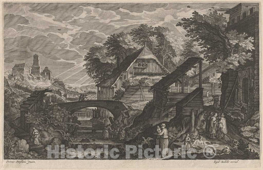 Art Print : Sadeler II After Stevens, Farm Houses by a River with a City Beyond, c.1613 - Vintage Wall Art