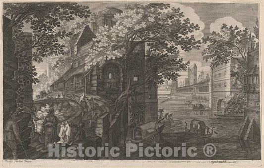 Art Print : Sadeler II After Stevens, Gondolas on a River by a Palace, c.1608 - Vintage Wall Art