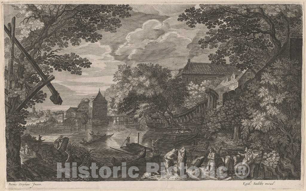 Art Print : Sadeler II After Stevens, Riverscape with Fishermen by a Fortified Town, c.1608 - Vintage Wall Art