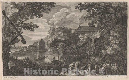 Art Print : Sadeler II After Stevens, Riverscape with Fishermen by a Fortified Town, c.1608 - Vintage Wall Art