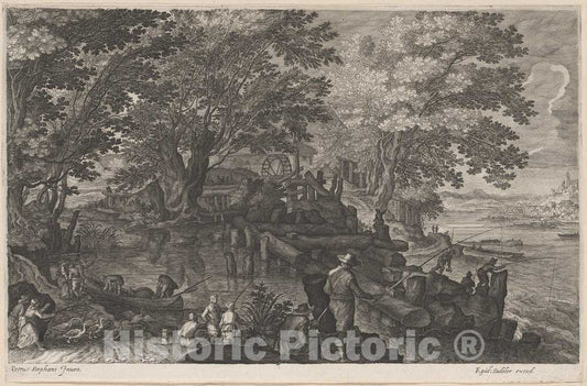 Art Print : Sadeler II After Stevens, Fishermen by an Island Watermill, c.1613 - Vintage Wall Art