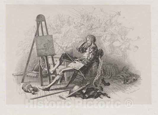 Art Print : Eugen Napoleon Neureuther, Morning After The Masked Ball: Emil Theodor Richter at His Easel, 1840 - Vintage Wall Art