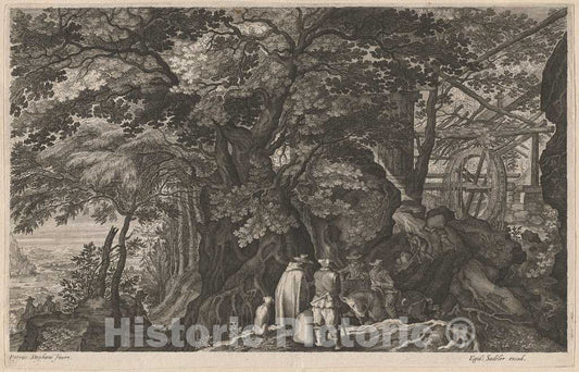 Art Print : Sadeler II After Stevens, Ancient Trees by a Mountain Watermill, c.1608 - Vintage Wall Art