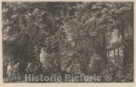 Art Print : Sadeler II After Stevens, Hunters in a Forest Near a Wooden Bridge, c.1608 - Vintage Wall Art