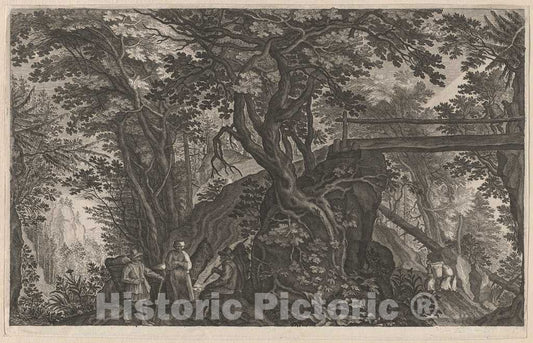 Art Print : Sadeler II After Stevens, Travelers Resting in a Mountain Forest by a Log Bridge, c.1608 - Vintage Wall Art