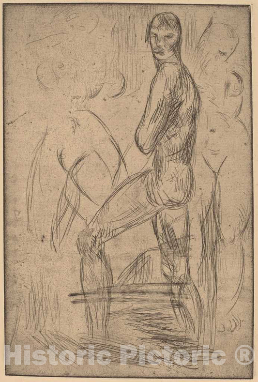 Art Print : Wilhelm Lehmbruck, Standing Male Nude and Two Female Nudes, 1914 - Vintage Wall Art
