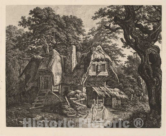 Art Print : Carl Wilhelm Kolbe, Straw-Thatched Hut with Landscape and Figures, c.1808 - Vintage Wall Art