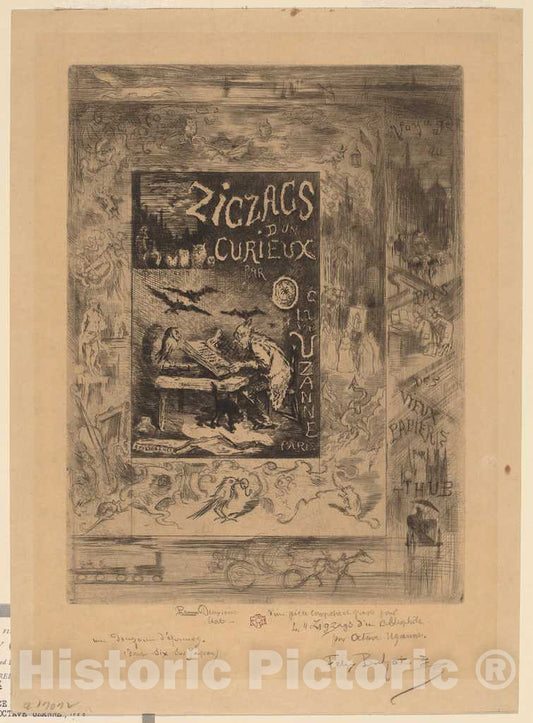 Art Print : FÃ©lix-Hilaire Buhot, Frontispiece for Zigzags d'un Curieux, d'Octave Uzanne, 1888 - Vintage Wall Art