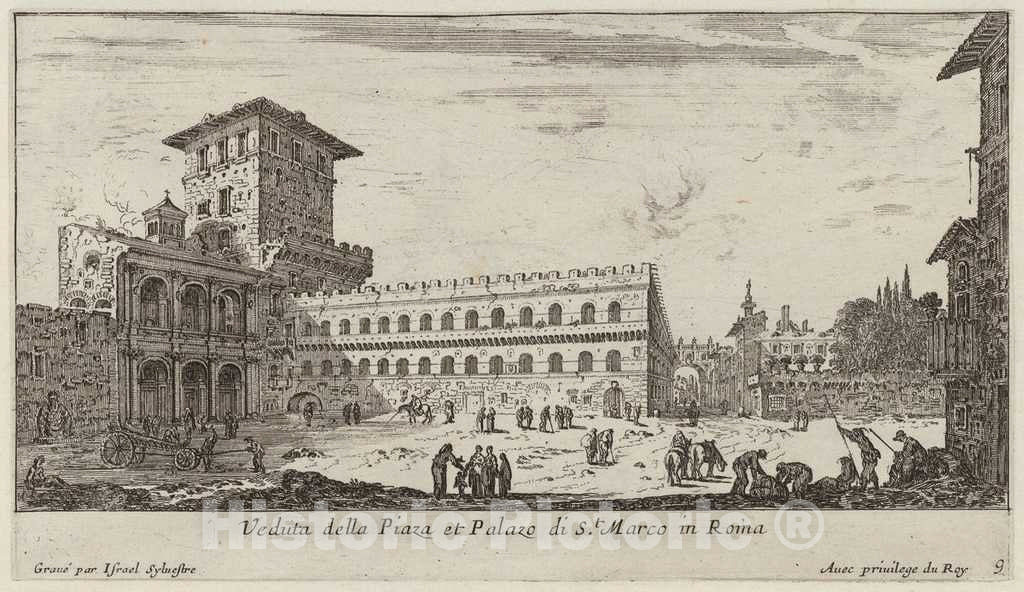 Art Print : IsraÃ«l Silvestre, Veduta Della Piaza et Palazo di St. Marco in Roma, 1640-1660 - Vintage Wall Art