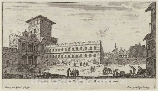 Art Print : IsraÃ«l Silvestre, Veduta Della Piaza et Palazo di St. Marco in Roma, 1640-1660 - Vintage Wall Art