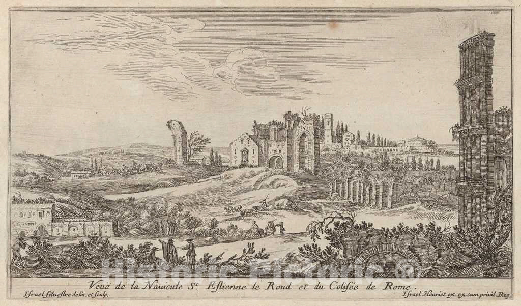 Art Print : IsraÃ«l Silvestre, VeuÃ« de la Navicule St. Estienne le Rond et du ColisÃ©e de Rome, 1640-1660 - Vintage Wall Art