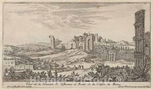Art Print : IsraÃ«l Silvestre, VeuÃ« de la Navicule St. Estienne le Rond et du ColisÃ©e de Rome, 1640-1660 - Vintage Wall Art