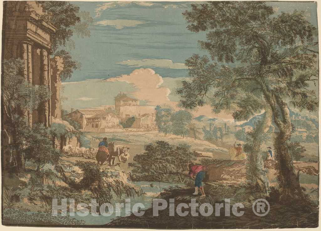 Art Print : Jackson After Marco Ricci, Heroic Landscape with Fisherman, Cows, and Horsemen, 1744 - Vintage Wall Art
