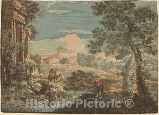 Art Print : Jackson After Marco Ricci, Heroic Landscape with Fisherman, Cows, and Horsemen, 1744 - Vintage Wall Art