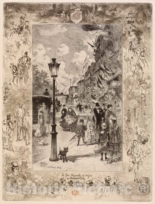 Art Print : FÃ©lix-Hilaire Buhot, National Holiday on The Boulevard de Clichy, 1878 - Vintage Wall Art