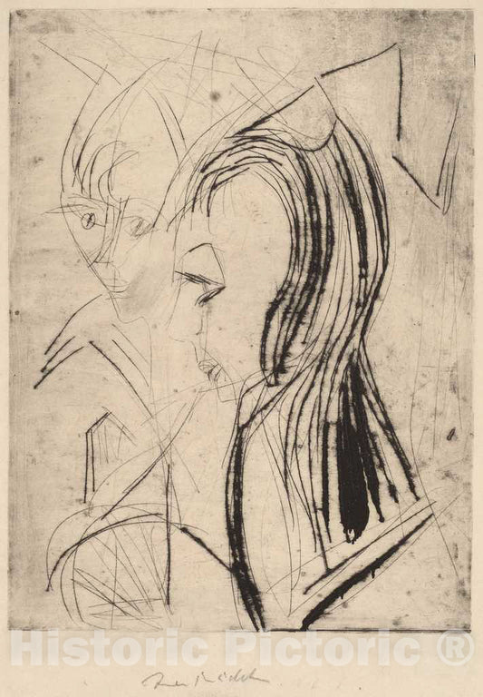 Art Print : Ernst Ludwig Kirchner, Heads of Two Girls, 1919 - Vintage Wall Art