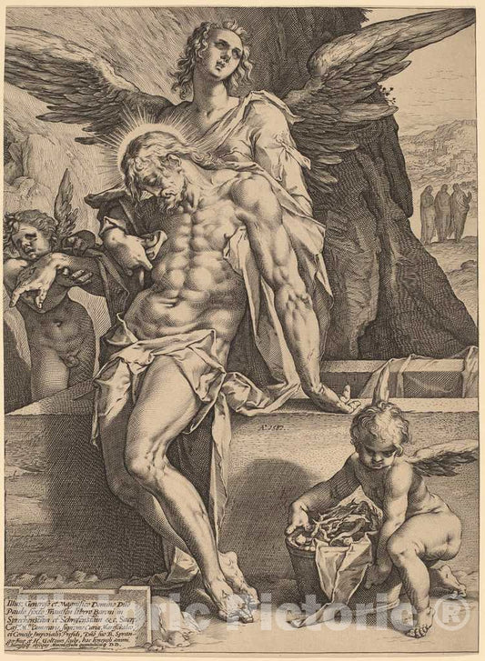 Art Print : Goltzius, After Spranger, The Body of Christ Supported by Angels, 1587 - Vintage Wall Art