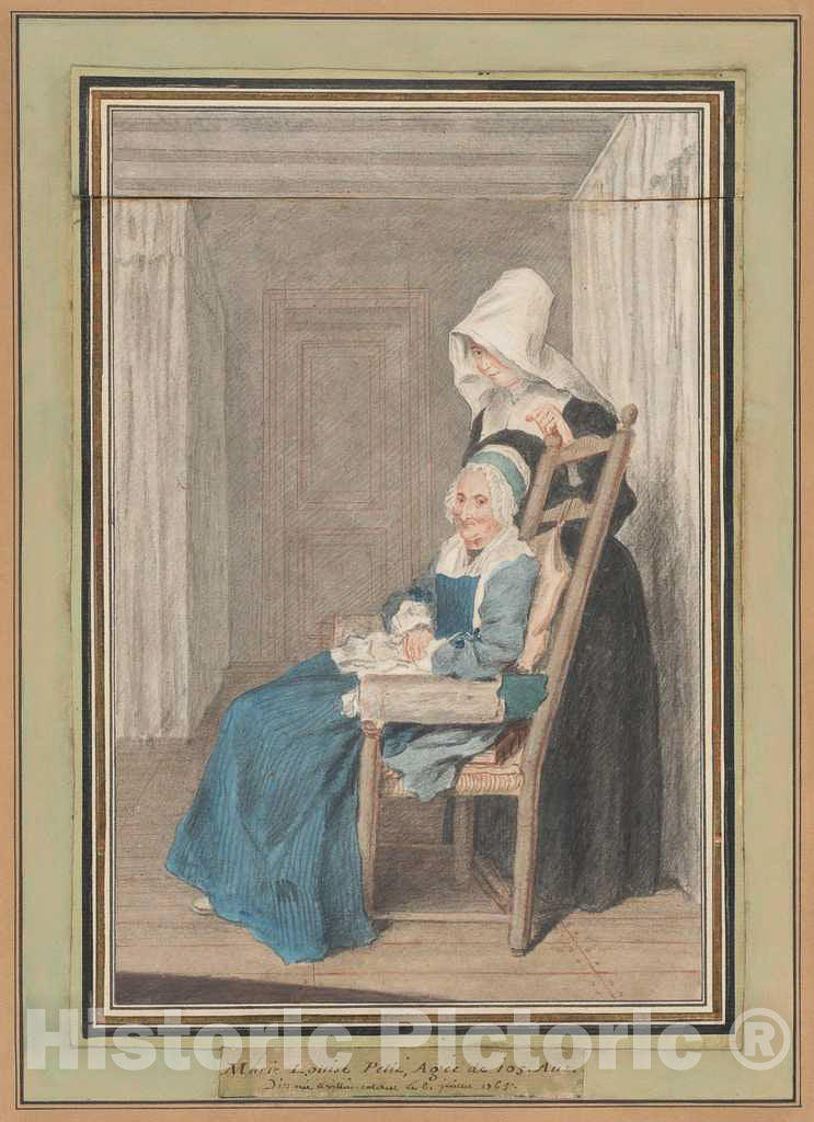 Art Print : Louis Carrogis, Marie Louise Petit at The Age of 105, with Her Young Nurse, 1765 - Vintage Wall Art