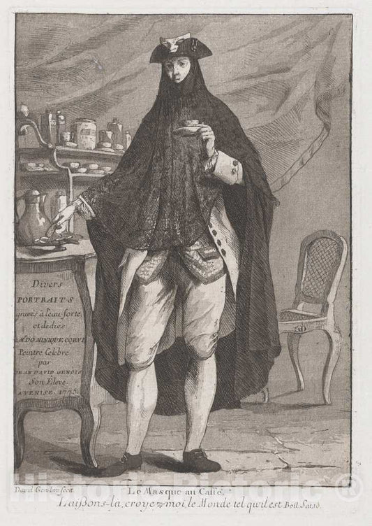 Art Print : Giovanni David, Le Masque au caffÃ© (The Masked Man Taking Coffee), 1775 - Vintage Wall Art