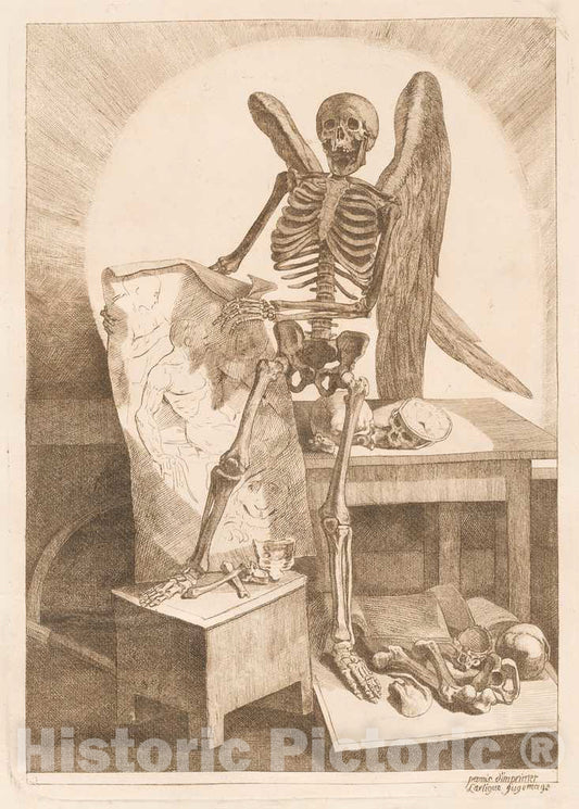 Art Print : Jacques Gamelin, A Winged Skeleton Holding an Anatomical Drawing, 1779 - Vintage Wall Art