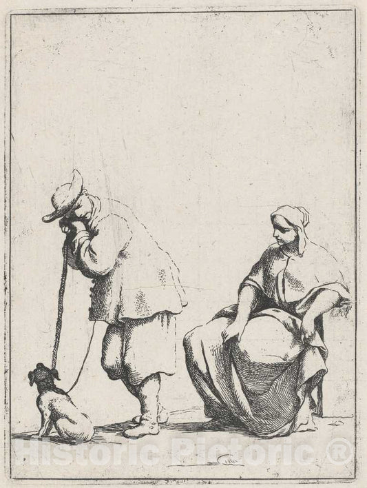 Art Print : Giuseppe Maria Crespi, Standing Peasant with a Dog and a Seated Woman, c.1687 - Vintage Wall Art