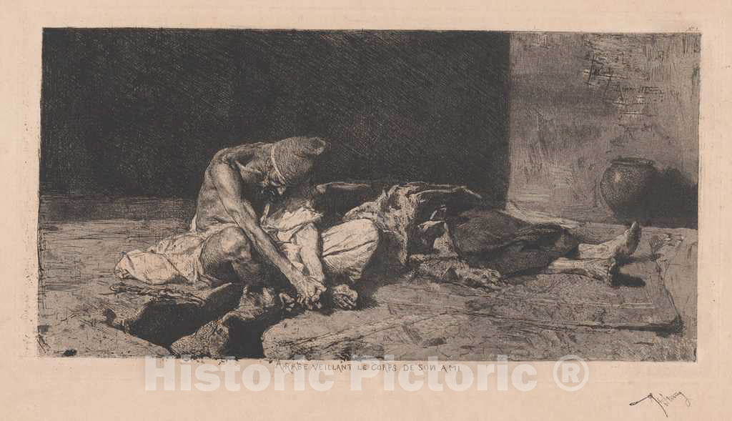 Art Print : Mariano Fortuny y CarbÃ³, Arabe veillant le Corps de Son ami (Arab Watching Over The Body of His Friend), 1866 - Vintage Wall Art