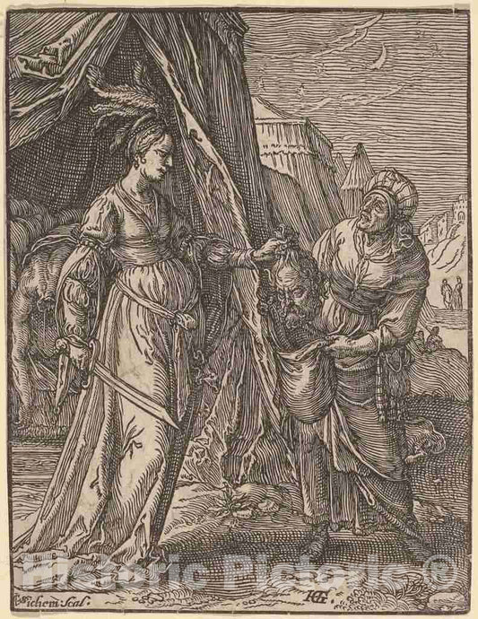 Art Print : Van Sichem I, After Hendrik Goltzius, Judith with The Head of Holofernes - Vintage Wall Art