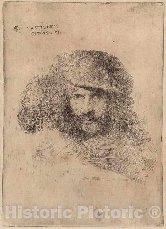 Art Print : Giovanni Benedetto Castiglione, Self-Portrait(?), Wearing a Plumed Cap [Portrait of Bernini], c.1646 - Vintage Wall Art