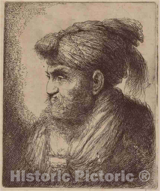 Art Print : Giovanni Benedetto Castiglione, Man with a Beard and a Tassled Headdress, Facing Left, c.1646 - Vintage Wall Art