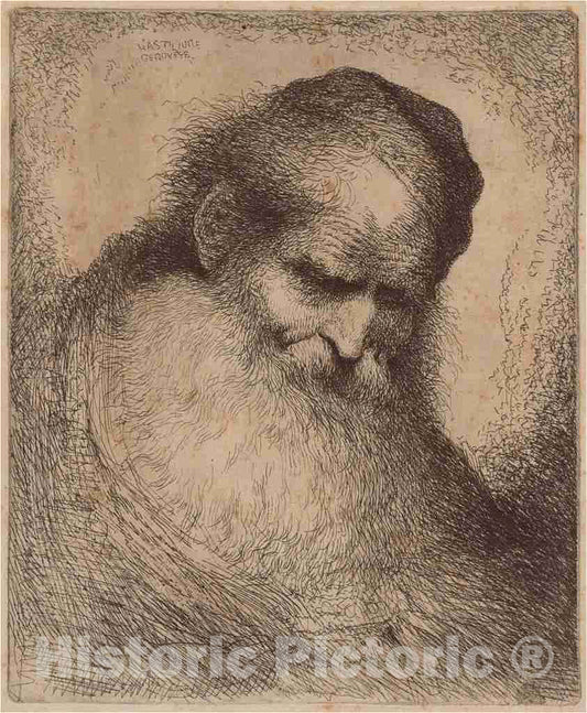 Art Print : Giovanni Benedetto Castiglione, Old Man with a Long Beard and Skullcap, Leaning Forward, c.1646 - Vintage Wall Art