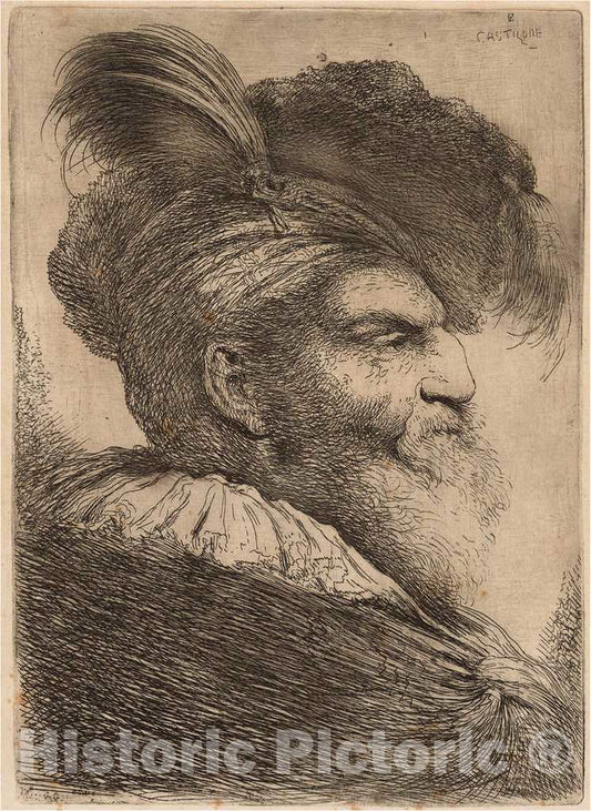 Art Print : Giovanni Benedetto Castiglione, Man with a Long Beard and Headdress, Facing Right, c.1646 - Vintage Wall Art