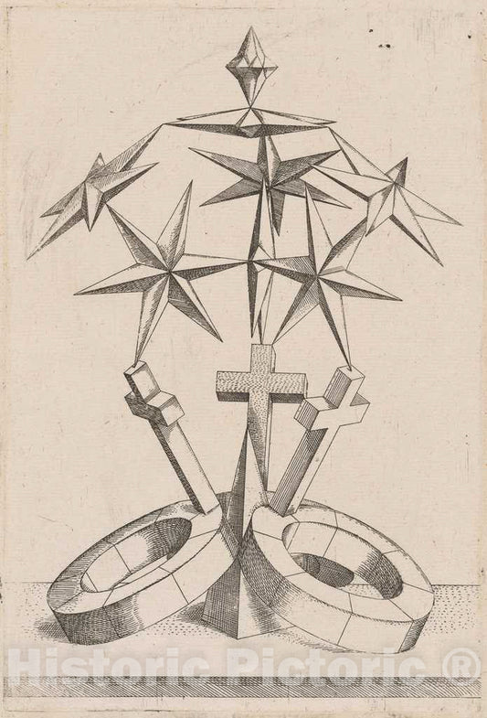 Art Print : Mathis ZÃ¼ndt, After Hans Lencker, A Perspective of Seven Stars Balanced on Three Crosses, 1567 - Vintage Wall Art