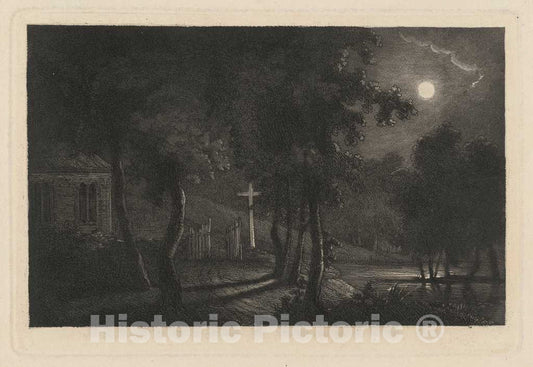 Art Print : Maria Anna Fischer, A Lakeside Chapel by Moonlight, 1810s(?) - Vintage Wall Art