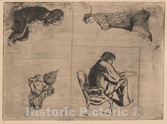 Art Print : Jules de Goncourt, Edmond dessinant (Edmond Drawing, Stenterello, and Other Sketches), c. 1860s - Vintage Wall Art