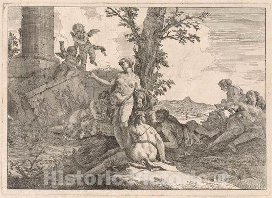 Art Print : Francesco Fontebasso, Six Nymphs and Two Cupids in a Landscape, 1744 - Vintage Wall Art