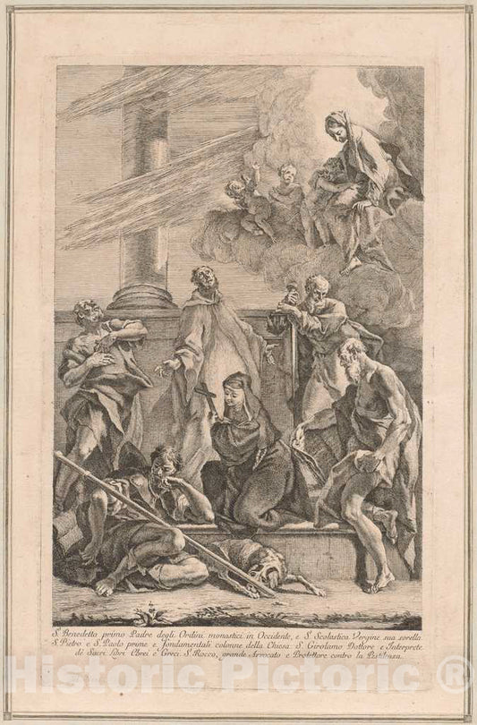 Art Print : Fontebasso After Ricci, The Madonna and Child with Two Angels and Saints Scholastica, Benedict, Roch, Peter, Paul and Jerome, c. 1740 - Vintage Wall Art