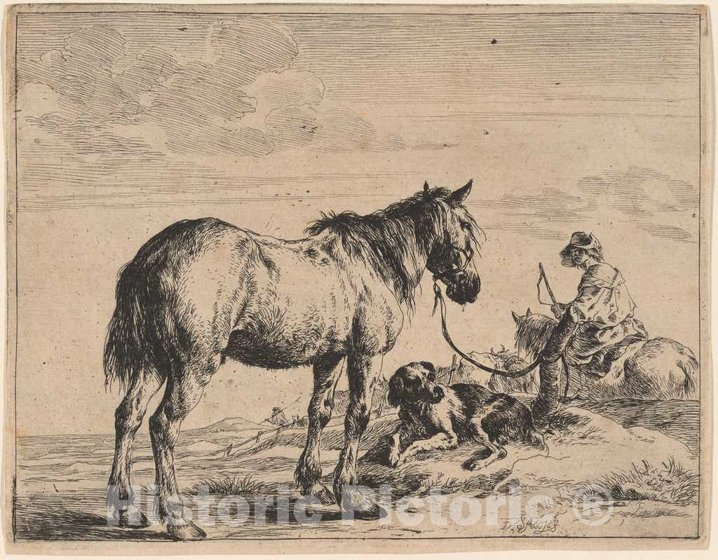Art Print : Dirck Stoop, A Horse Bound to a Post with a Reclining Dog, 1651 - Vintage Wall Art