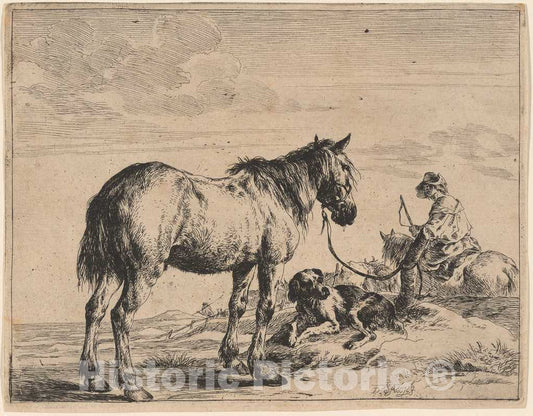 Art Print : Dirck Stoop, A Horse Bound to a Post with a Reclining Dog, 1651 - Vintage Wall Art