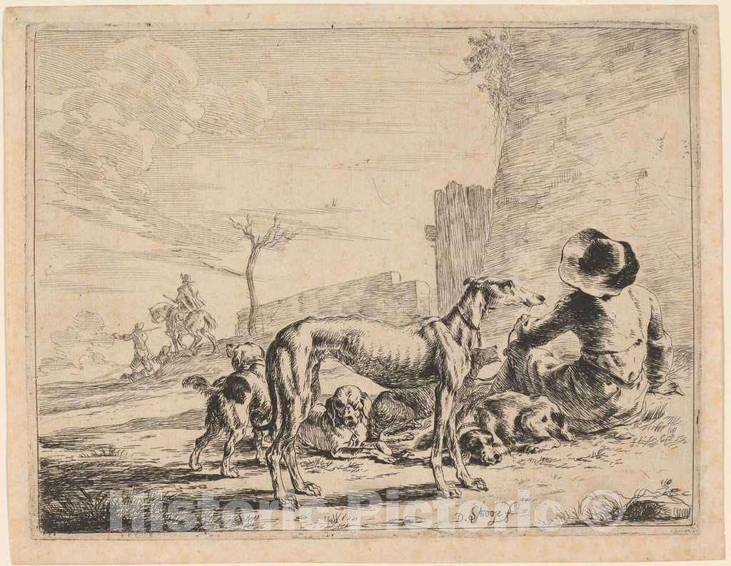 Art Print : Dirck Stoop, A Seated Man with a Pack of Dogs, 1651 - Vintage Wall Art