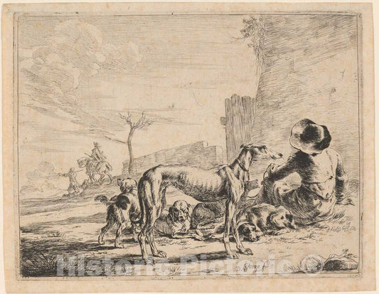 Art Print : Dirck Stoop, A Seated Man with a Pack of Dogs, 1651 - Vintage Wall Art