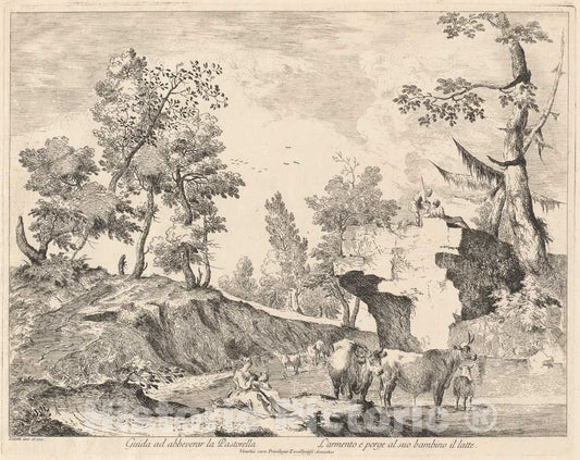 Art Print : Domenico Bernardo Zilotti, Landscape with Shepherdess and Herd at a Watering Hole, 1760s(?) - Vintage Wall Art