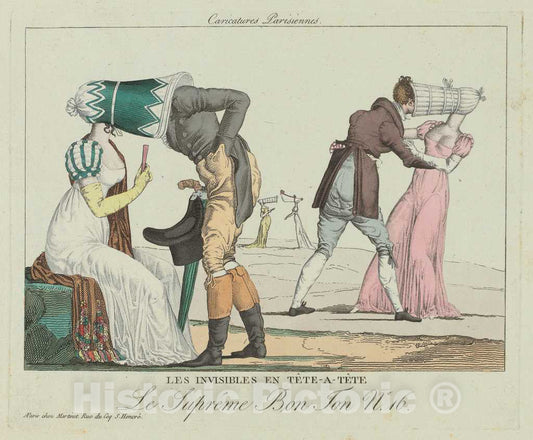 Art Print : Les Invisibles en tÃªte-Ã -tÃªte (TÃªte-Ã -TÃªte with Poke Bonnets), c. 1805 - Vintage Wall Art