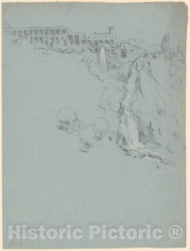 Art Print : Ludwig Thiersch, The Waterfall at Tivoli with The Villa of Maecenas, 1851 - Vintage Wall Art